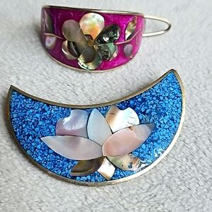 Vintage 1970s Alpaca Mexico, brooch and hair ties clips, abalone shell,turquoise